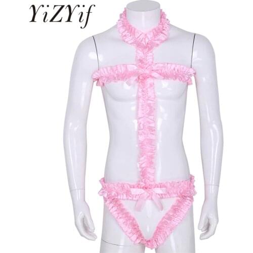 YiZYiF Sissy Mens Maid Adult Bodysuit One Piece Halter Neck Open Back Cut Out Ruffled Frilly Sissy Bodysuit Lingerie Underwear