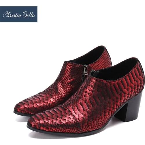 Christia Bella High Heel Men Party Real Leather Shoes Increase Height Zipper Short Boots Club Male Jazz Dancer Shoes Big Size