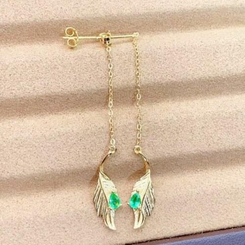 Natural real emerald leaf long drop earring 0.2ct*2pcs gemstone Per jewelry 925 sterling silver Fine jewelry J214210