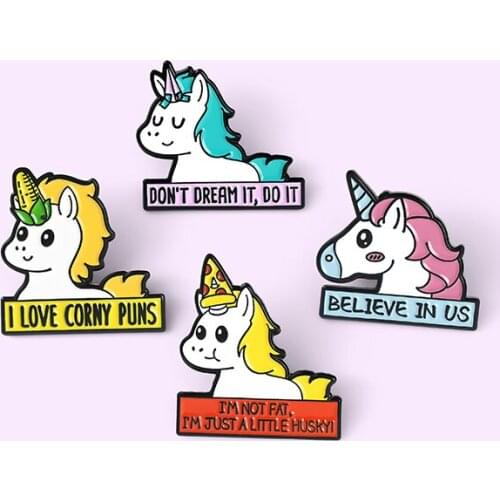 Dialog Enamel Pins Anime Icons Funny Letter Lapel Pin Horse Colorful Horn Animal Badges for Clothes Hat Bag Jewelry Wholesale