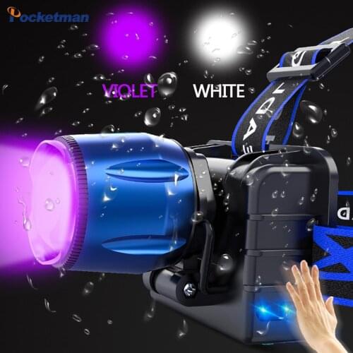 UV Purple Headlamp 6000LM 18650 Battery Power Supply Headlight Torch 3-Model USB Charger Violet Head Torch Fishing Camping Light