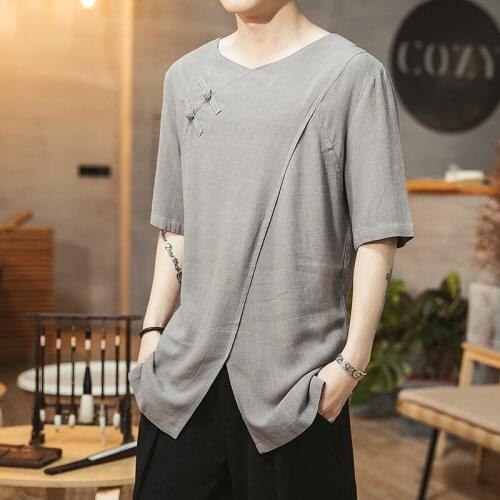 Short Sleeve T Shirt Men 2021 Summer Cotton Linen Tshirt Top Tees Hip Hop Chinese Shirt Fashion Kung Fu Clothes Oversized 30470