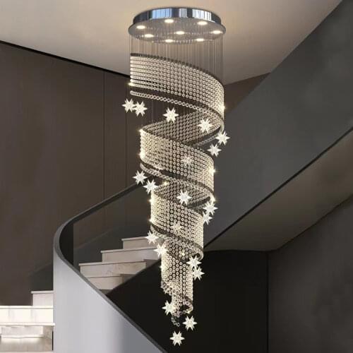 Staircase Chandelier Spiral Meteor Shower Crystal Raindrop Loft Hang Lamp Villa Hall Living Room Home Decor Indoor Lighting