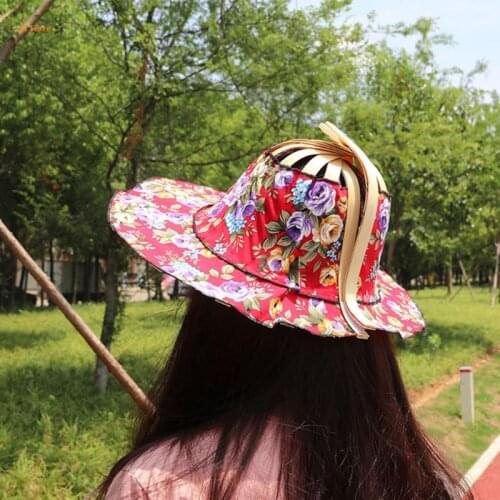 J78F Women 2 in 1 Portable Foldable Chinese Style Bamboo Frame Floral Printed Handheld Fan Multifunctional as Sunhat