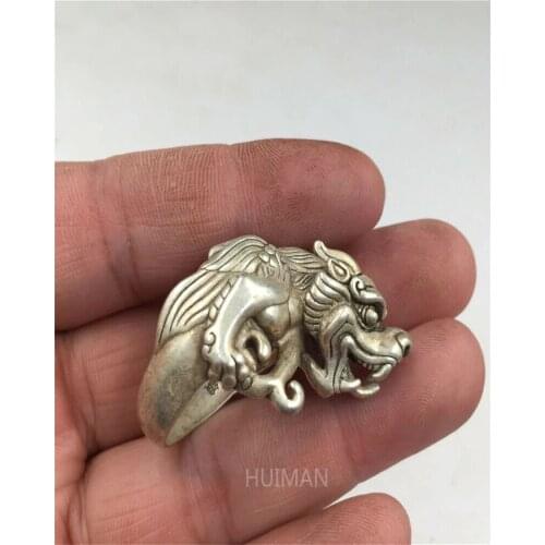 China OLD Antique 23mm Miao Silver Handmade 3D Dragon Unicorn Kylin Ring