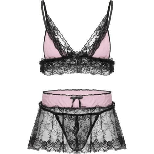 3Pcs Men Sissy Erotic Lace Lingerie Set Adjustable Spaghetti Shoulder Straps Bra Tops with Mini Skirts and G-string Briefs Suit