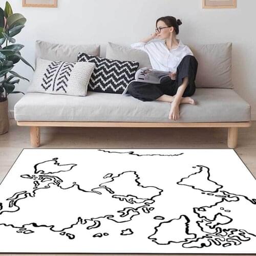 Simple Geometric World Map Line Printed Carpet Nordic Black White Soft Shaggy Area Rugs Kids Bedroom Bedside Non-Slip Floor Mat