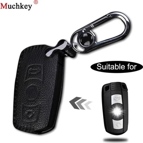 Leather Remote Case Car Key Bag Cover For BMW 5 series Smart Key Luxury Genuine Hand Sew Black Line 1PC Type E