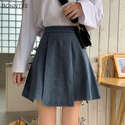 Mini Skirts Women High Waist Fashion Leisure Solid Irregular Student Elegant All-math Autumn College Korean Version A-line Chic