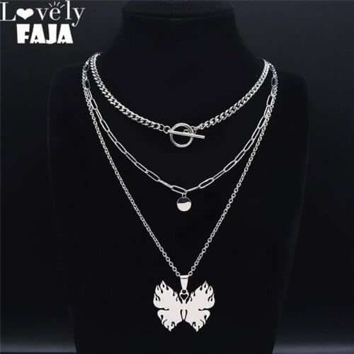 3PCS Punk Hip Hop Stainless Steel Layer Necklace Silver Color Butterfly Necklaces Chain Jewelry chaine acier inoxydable NXS03