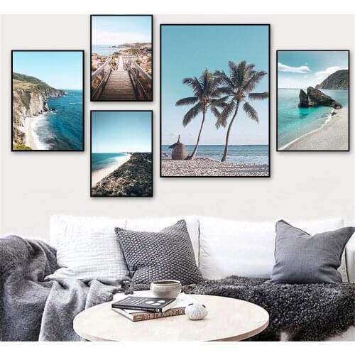 Sea Beach Nordic Poster Ocean Landscape Wall Art Prints Bridge Canvas Painting Coconut Tree Wall Pictures Living Room Home Decor