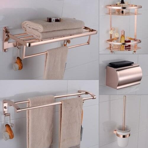 Rose Gold Space aluminum Bathroom Hardware Set Paper Box Towel Bar Shelf Robe Hooks Toilet Brush Holders Bathroom Accessories
