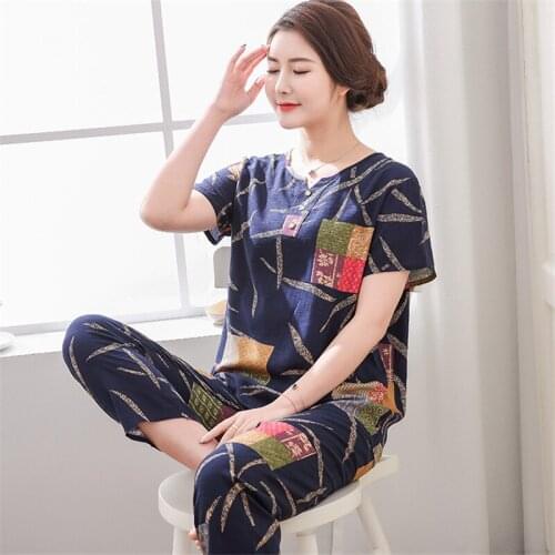 Pajamas middle-aged and elderly ladies summer cotton mother clothes plus size home clothes loose casual printing Nightgown