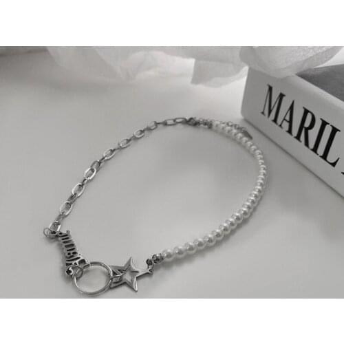 Origin Summer Stainless Steel Imitation Pearl Star Hollow Circle Chokers Necklace for Women Letter Chunky Chain Necklace Jewelry