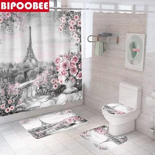 Pink Rose Shower Curtain Paris Eiffel Tower Bathroom Curtains Pedestal Rug Toilet Lid Cover Non-Slip Carpet Bath Mat Home Decor
