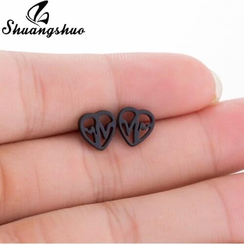Shuangshuo Sweets Heart Stainless Steel Stud Earrings for Women Heartbeat Earrings Fashion Jewelry Accessories oorbellen