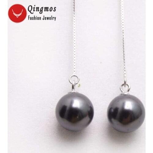 Qingmos 10mm Black Round Sea Shell Pearl Earrings for Women with Genuine Sterling Silver S925 Ear Line 4'' Dangle Earring e667