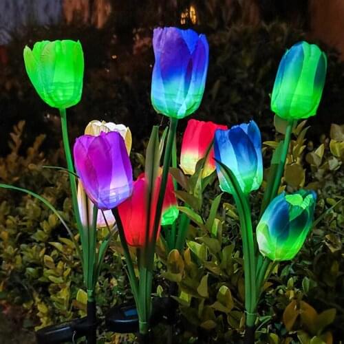Solar Light 2pcs LED Tulip Lawn Light 3 Tulip Outdoor Waterproof Park Garden Lawn Path Landscape Lighting Decoration