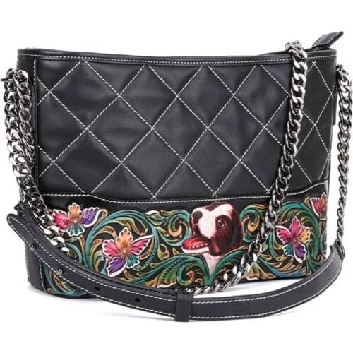 Handmade leather carving handbags new stray bag chain rhombus head layer cowhide large capacity commuter bag small fragrance bag