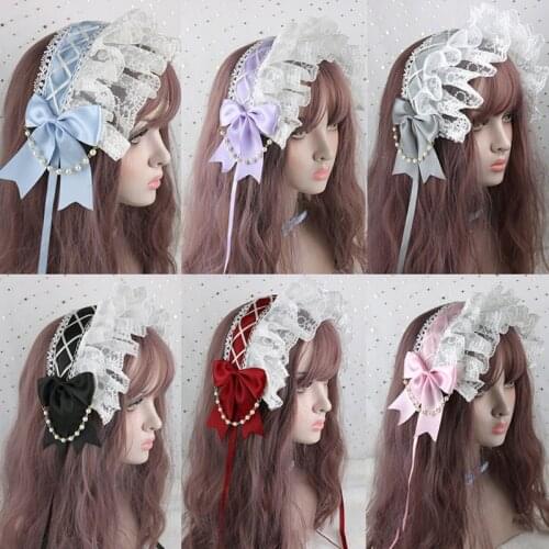 Japanese Girl Lolita Lace Headband Crisscross Ribbon Bow Golden Star Tassel Hair Band Gothic Maid Cosplay Hair Accessory
