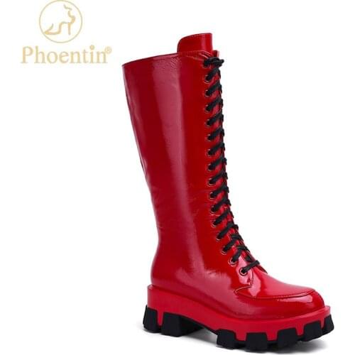 Phoentin stylish knee high boots thick sole lace up womens winter boots platform boots zip red street shoe tide female FT1086