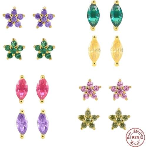 CANNER Piercing Aretes 925 Sterling Silver Colorful Star Oval Zircon Stud Earring For Women Korean Crystal Cartilage Pendientes