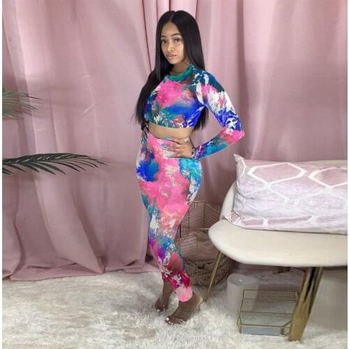 Women 2 Pieces Tie Dye Sport Suits Outfit Fashion Fall Spring Fitness Running Sets Female Long Sleeve Crop Top+Legging 2021 New