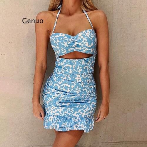 Hollow Out Print Bandage Summer Dress 2021 Sleeveless Halter Ruffle Mini Womans Dresses Blue Sexy Beachwear Vestidos