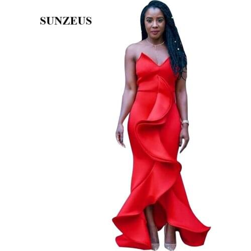Mermaid Strapless Long Red Evening Gowns With Ruffles Front African Women Formal Dress Party vestido festa longo