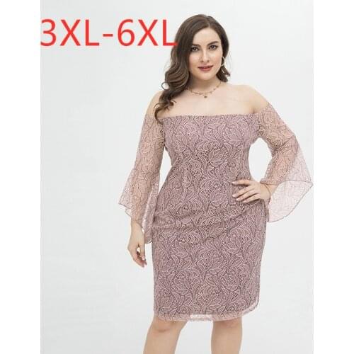 New 2021 summer plus size party dress for women large long sleeve slim casual lace pink strapless elegant dress 3XL 4XL 5XL 6XL