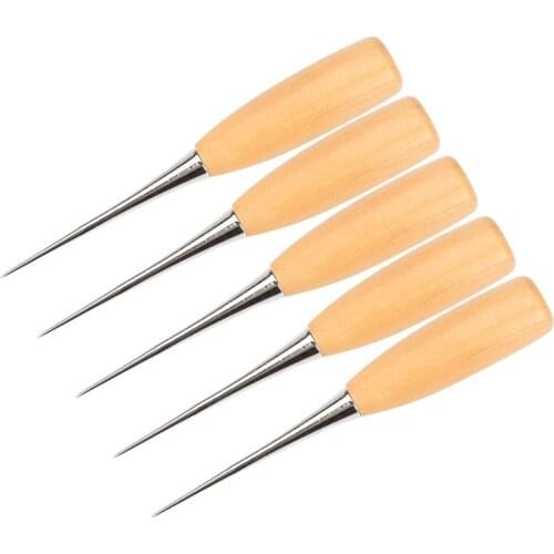 5Pcs Stitch Awl Tool Steel Pin Wood Handle Overstitch Sewing Paper Punching Punch Hole Maker Stitching Cloth Craft Leather12.5cm