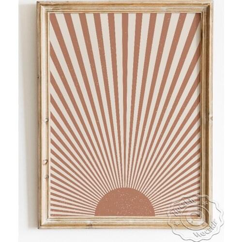 Sunrise Scenery Abstract Poster, Suns Rays Art Prints, Bohemian Style Neutral Tone Wall Picture, Sun Landscape Hotel Home Decor