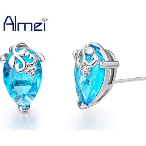 Almei 2017 Oorbellen Silver Color Stud Earrings For Women Wedding Water Drop Purple/blue Crystal Brincos Earring Jewelry R208