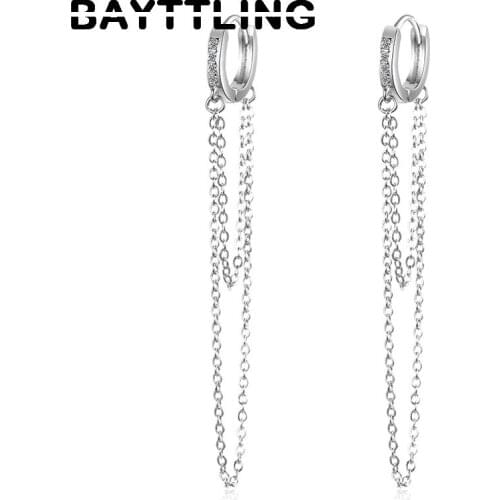 BAYTTLING 100% 925 Sterling Silver Long Tassel Gold/Silver Zircon Hoop Earrings For Women Fashion Wedding Party Gift Jewelry