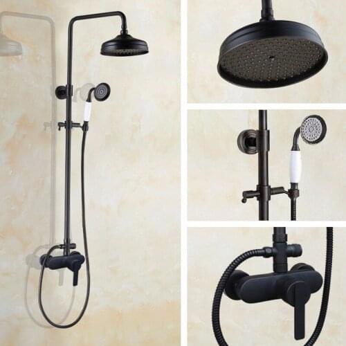 Black Oil Rubbed Single Lever Brass Wall Mount 8 Inch Rain Shower System Mixer tap Faucet Set Ceramic Handheld Shower ahg155