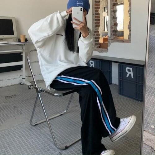 HOUZHOU Korean Style Black Sweatpants Striped Joggers Women Harajuku Elastic Waist Casual Baggy Loose Sports Trousers Streetwear