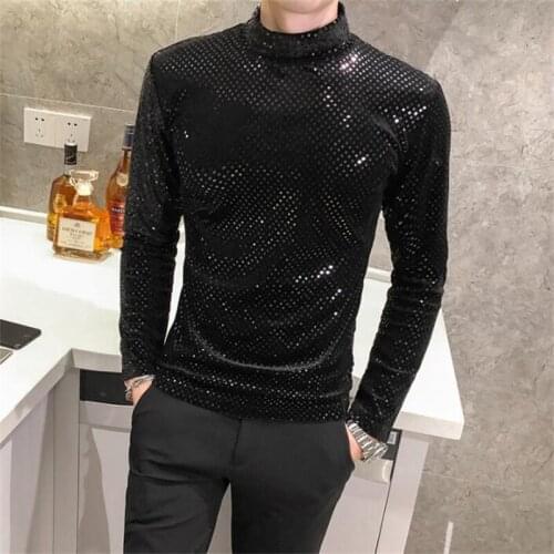 Korean wild velvet T - shirt mens sequined clothing autumn fit half-high neck long-sleeved nightclub bottoming youth black