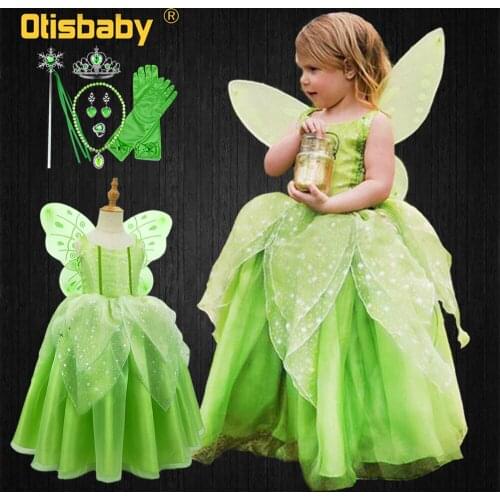 Princess and the Frog Girls Princess Tiana Costume Fancy Fairy Elf Dress Up with Wings Evening Party Toddler Green Tulle Dresses