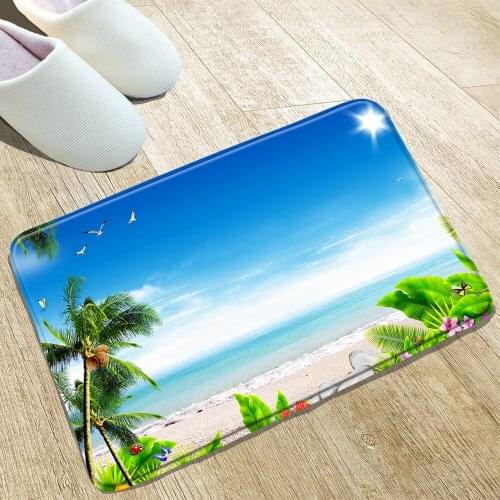 Ocean landscape Bath Mat Green leaves Sea Water Shell Palm Tree Kitchen Bathroom Toilet Front Door Non-Slip Carpets Washable