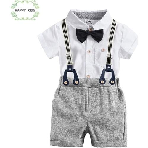 Summer Fashion infant clothing set Baby Suit Baby Boys Clothes Gentleman Bow Tie Rompers + Overalls pants Baby boys Set DXT487