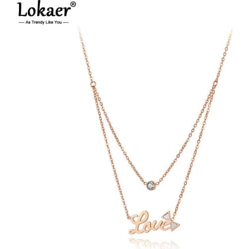 Lokaer Titanium Stainless Steel Love Bowknot Charm Choker Necklaces For Women Girls Fashion CZ Crystal Pendant Necklace N20248