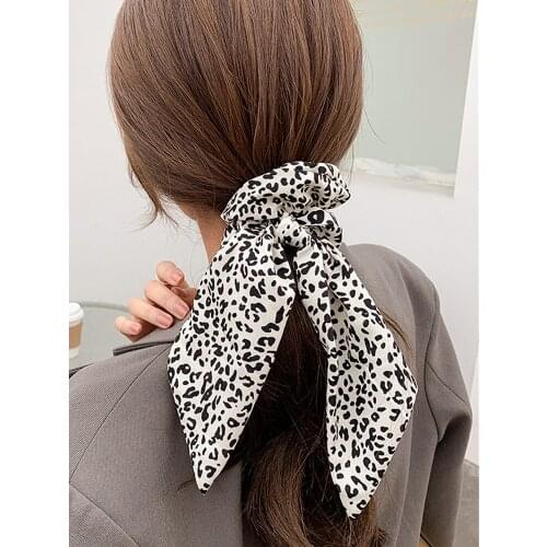 Fashion Leopard Print Bow Satin Girls Elastic Hair Bands Long Ribbon Ponytail Scarf Hair Tie Women Scrunchies Hair Accessories