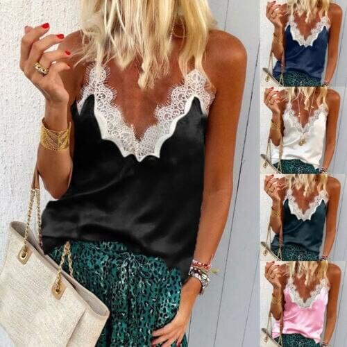 Fashion Women Sexy Strappy V Neck Loose Vest Cami Tops Summer Stain Lace Camis Tank Ladies Club Party Soft Tanks Camisole