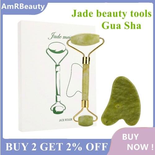 Natural Jade Roller Thin Face Massager Lifting Tools Slim Facial Gua Sha Green Stone Anti-aging Wrinkle Skin Beauty Care Set Box