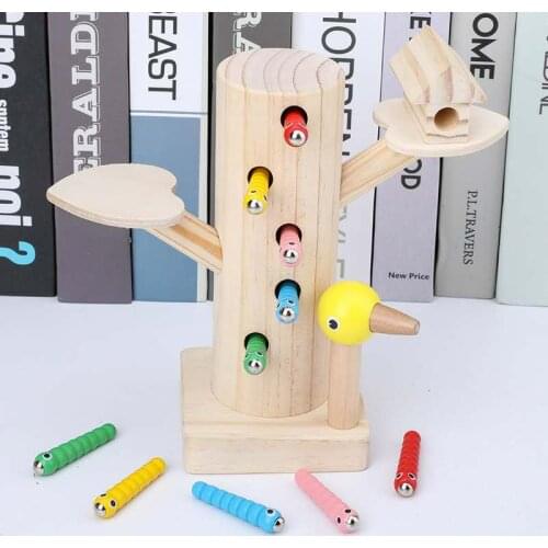 Preschool Kids Early Learning Educational Toy Woodpecker Catch Worms Game Magnetic 3D Puzzle Wooden Toys For Children Baby Gifts