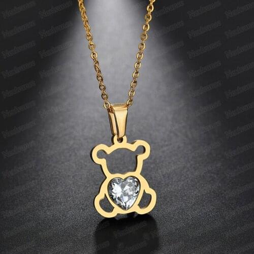 Love Cartoon Bear Stainless Steel Pendant Necklace Cubic Zircon Heart Necklaces for Women Men Gift