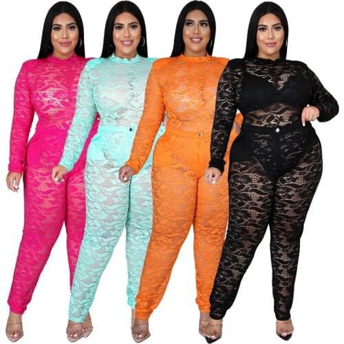 Sexy Two Piece Set Long Sleeve Bodysuit Lace Pants 2 Piece Suits See Through Sets Female Tracksuit Matching Sets Plus Size 4XL