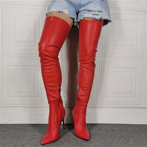 Crotch SUPER 2021 Womens Thigh High Boots Red Faux Leather Lining Stiletto Heels 4 Season Shoes Botines Large Size 39 43 47
