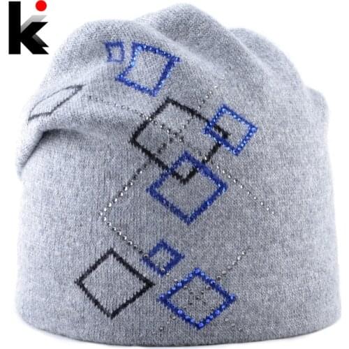 Winter Hats For Women Warm knitted Wool Beanies Ladies New Fashion Knitting Plaid Rhinestone Caps Female Angora Skullies Beanie