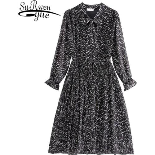 Korean Chiffon Women Dress Elegant Ladies Vintage Long Sleeve Dress Casual A-line Knee-length Print Vestidos Clothing 8636 50